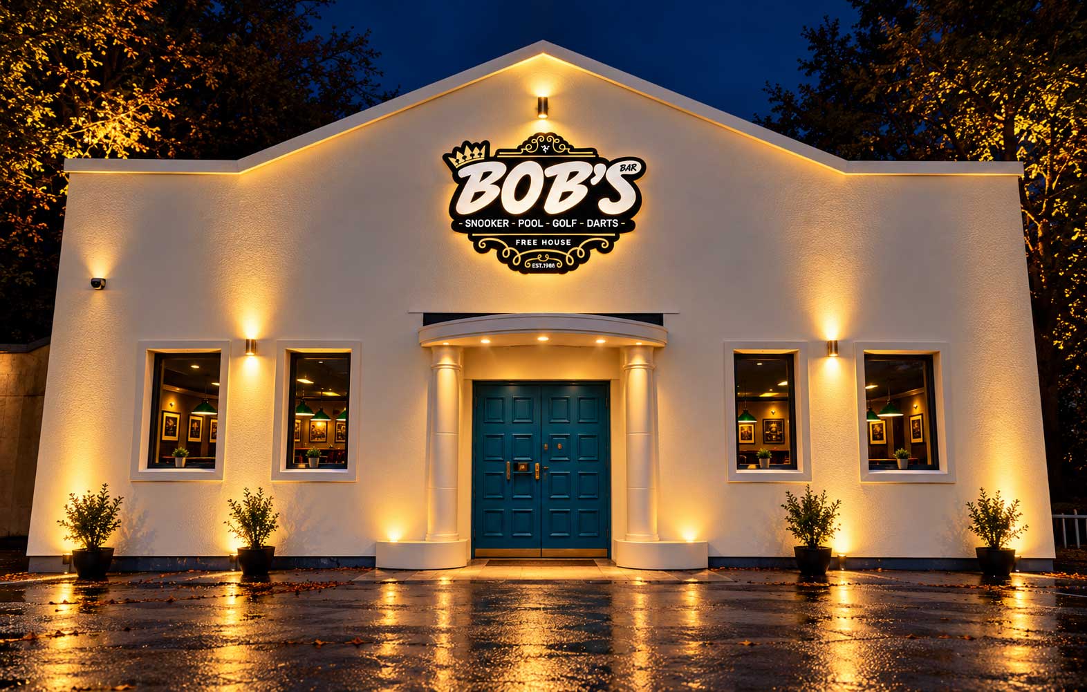 Bob's Bar storefront at night